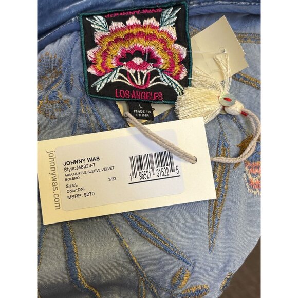 NWT Johnny Was Blue Velvet Embroidered Aria Ruffle Sleeve Bolero Jacket L - Picture 6 of 6